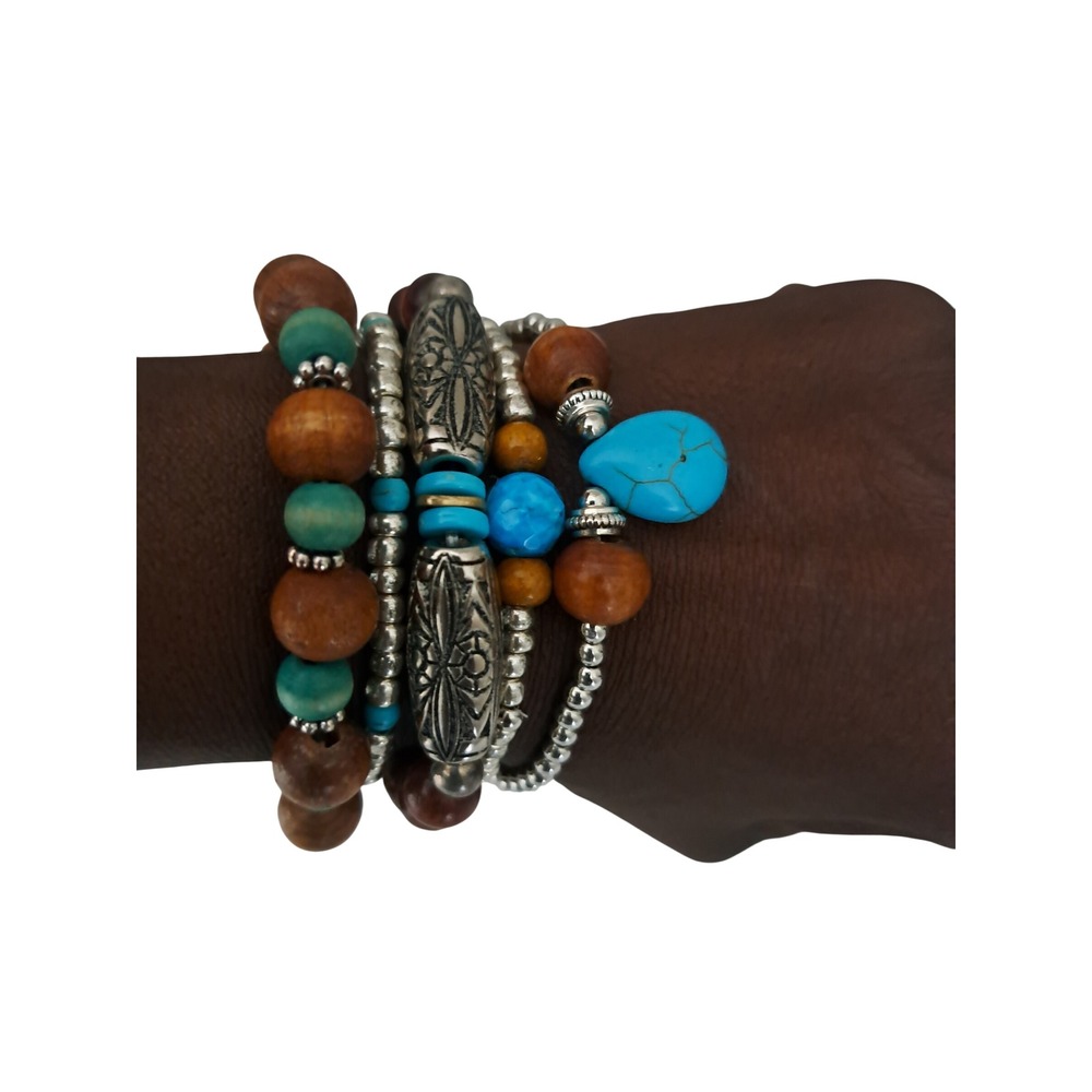 Boho Turquoise Wood Bead Stretch Bracelet Set Silver Tone Southwestern Layered